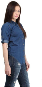 The Earth Girls Solid Casual Denim Blue Shirt
