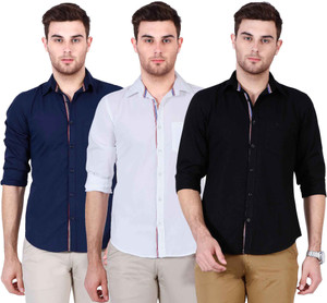 Ojass Men's Solid Casual Black, White, Dark Blue Shirt