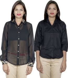 IndiStar Women's Embroidered, Solid Formal Black, Black Shirt