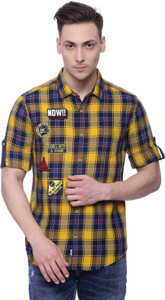 Locomotive Men's Checkered Casual Yellow, Dark Blue Shirt