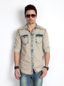 Rodid Men's Solid Casual Denim Beige Shirt