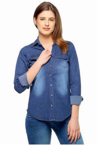 OUTFIT FASHION Women's Solid Casual Denim Blue Shirt