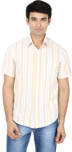 Reevolution Men's Striped Casual White, Orange Shirt