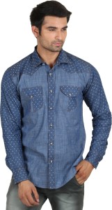 Caddy Cark Men's Self Design Casual Denim Blue Shirt