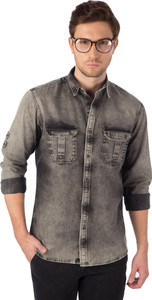 Rodid Men's Self Design Casual Denim Grey Shirt