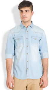 Highlander Men's Solid Casual Denim Light Blue Shirt