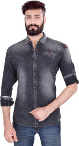 Vintage Soul Men's Solid Casual Denim Black Shirt