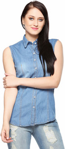 Fasnoya Women's Solid Casual Denim Blue Shirt