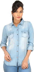 Eimoie Women's Solid Casual Blue Shirt