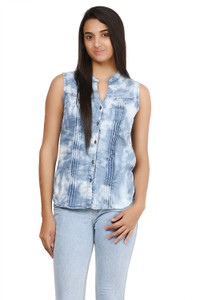 Glitterss Women's Printed Casual Denim Blue Shirt