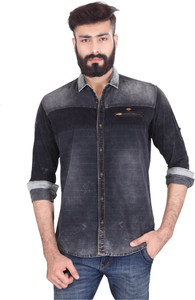 Vintage Soul Men's Self Design Casual Denim Black Shirt