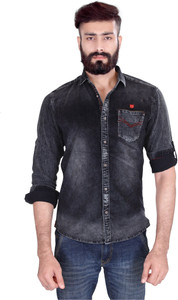 Vintage Soul Men's Self Design Casual Denim Black Shirt