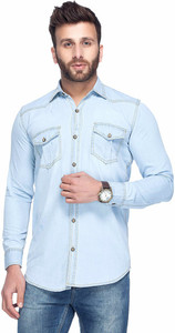Tinted Men's Solid Casual Denim Light Blue Shirt