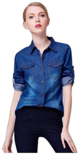 POISON IVY Women's Self Design Casual Denim Dark Blue Shirt
