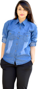 Aarti Collections Women's Solid Casual Denim Blue Shirt