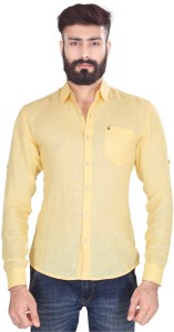 Vintage Soul Men's Solid Casual Linen Yellow Shirt