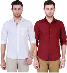 Ojass Men's Solid Casual White, Maroon Shirt