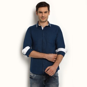 R'Squarre Men's Solid Casual Linen Blue Shirt