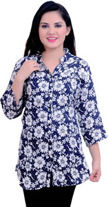 Magrace Women's Printed Casual Blue Shirt