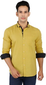 R'Squarre Men's Solid Casual Linen Yellow Shirt