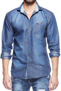 Lafantar Men's Solid Casual Denim Blue Shirt