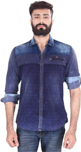Vintage Soul Men's Self Design Casual Denim Blue Shirt