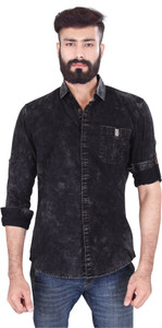 Vintage Soul Men's Self Design Casual Denim Black Shirt
