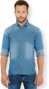 Highlander Men's Solid Casual Denim Blue Shirt