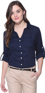 Purys Women's Solid Formal Dark Blue Shirt