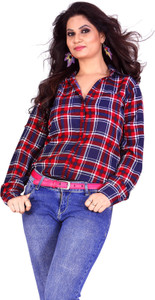 Trendif Women's Checkered Casual Red, Dark Blue Shirt