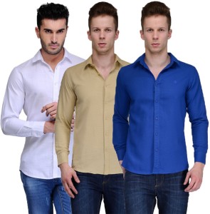Feed Up Men's Solid Casual White, Beige, Blue Shirt