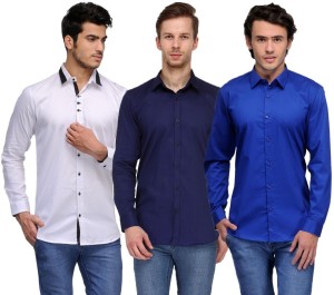 Feed Up Men's Solid Casual White, Dark Blue, Blue Shirt