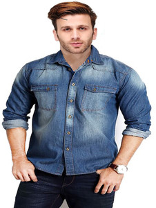 Hangup Men's Solid Casual Denim Blue Shirt