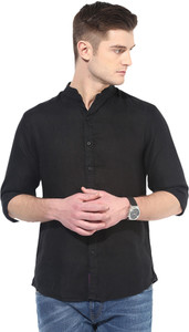 Elepants Men's Solid Casual Linen Black Shirt