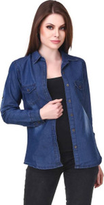 YASMIN CREATIONS Women's Solid Casual Denim Dark Blue Shirt