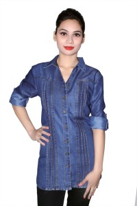 Cherry Clothing Women's Solid Casual Denim Blue Shirt