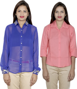 IndiStar Women's Embroidered, Solid Formal Blue, Orange Shirt