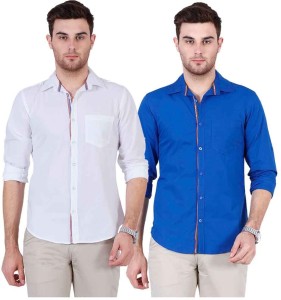 Ojass Men's Solid Casual White, Blue Shirt