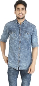 Awack Men's Self Design Casual Denim Blue Shirt