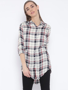 Silly People Women's Checkered Casual White Shirt