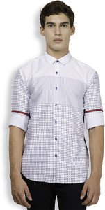 Locomotive Men's Printed Casual White, Dark Blue Shirt