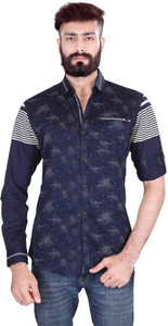 Vintage Soul Men's Printed Casual Blue Shirt