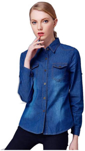The Earth Girls Solid Casual Denim Blue Shirt