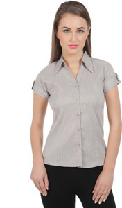 Protzen Women's Striped Formal Brown Shirt
