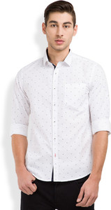 Highlander Men's Printed Casual White, Dark Blue Shirt