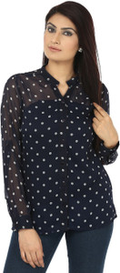 Coash Women's Polka Print Casual Dark Blue Shirt