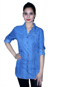 Cherry Clothing Women's Solid Casual Denim Blue Shirt