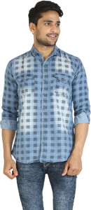 Awack Men's Checkered Casual Denim Light Blue Shirt