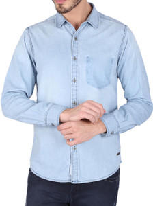 Caricature Men's Printed Casual Denim Dark Blue Shirt