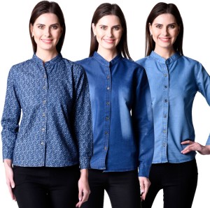 NumBrave Women's Solid Casual Denim Blue, Blue, Light Blue Shirt